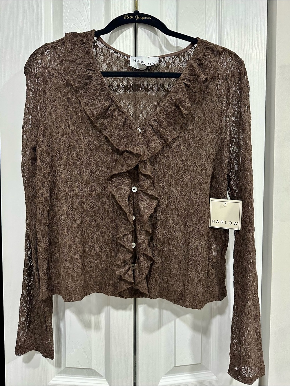 Harlow Chocolate Brown Lace Ruffle Button-Front Top Size L